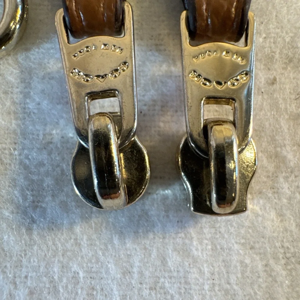 2 Coach New York Gold Tone Brown Leather Replacement Zipper Pull & Slide & Ring